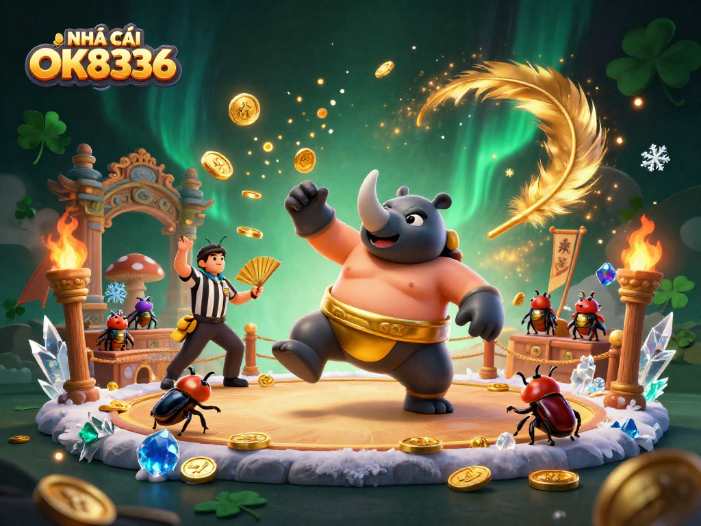NHÀ CÁI OK8336 features a dynamic sumo beetle champ amidst gold coins and an engaging casino arena.