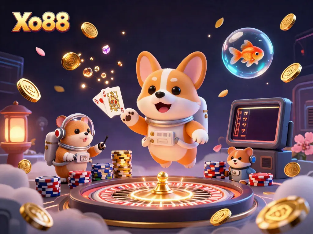 Experience the thrill of Xo88 casino with vibrant, floating characters in a dynamic gaming scene.