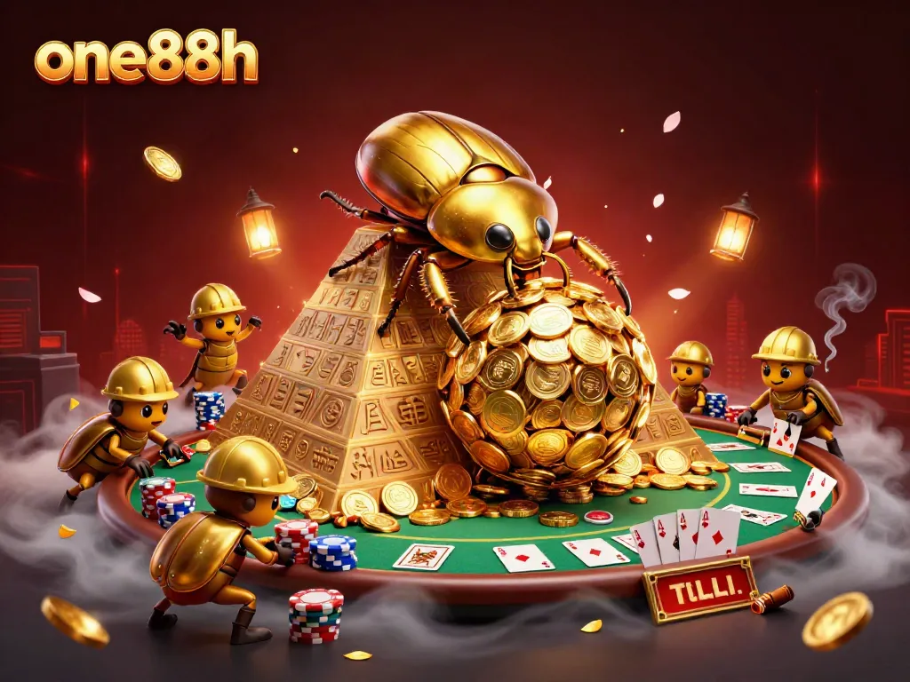 Experience thrilling gameplay at one88h with a giant beetle rolling golden coins up a vibrant casino pyramid.