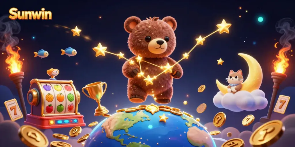 Sunwin players enjoy vibrant slot games with golden coins and stars in a casino-themed scene.
