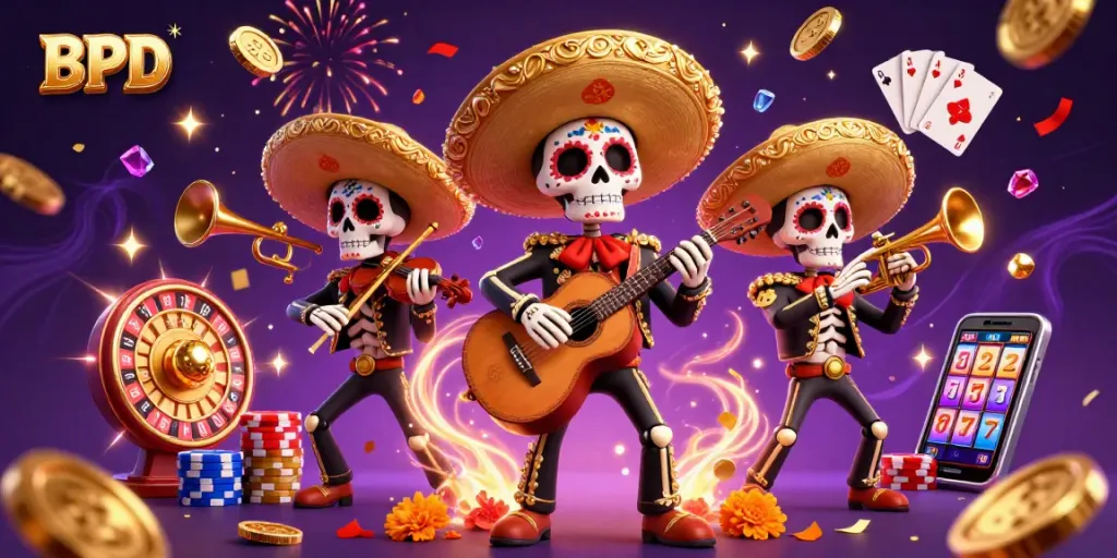 Experience BPD gaming excitement with vibrant skeleton mariachi band amidst dazzling casino elements.