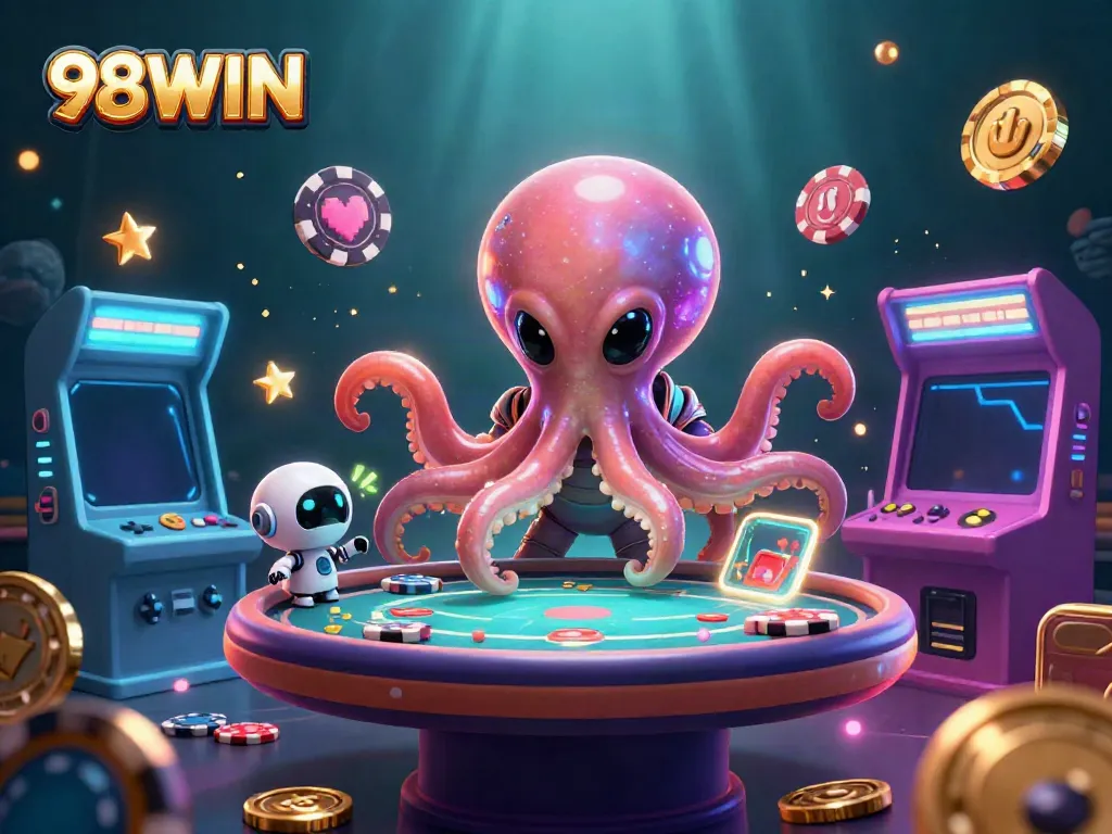 Engage in thrilling gameplay with 98WIN's alien octopus dealer amidst vibrant casino elements.
