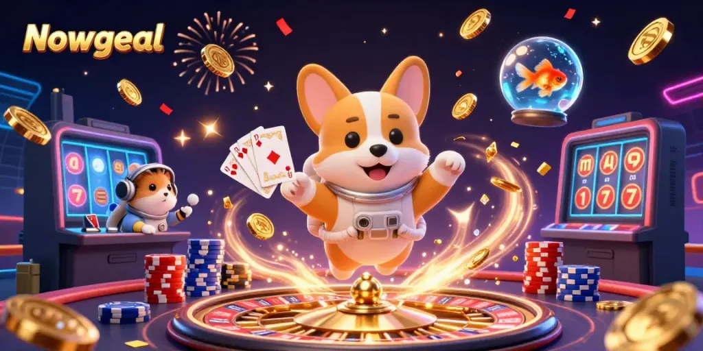 Engage in thrilling live updates with Nowgoal, featuring a playful corgi in a space casino.