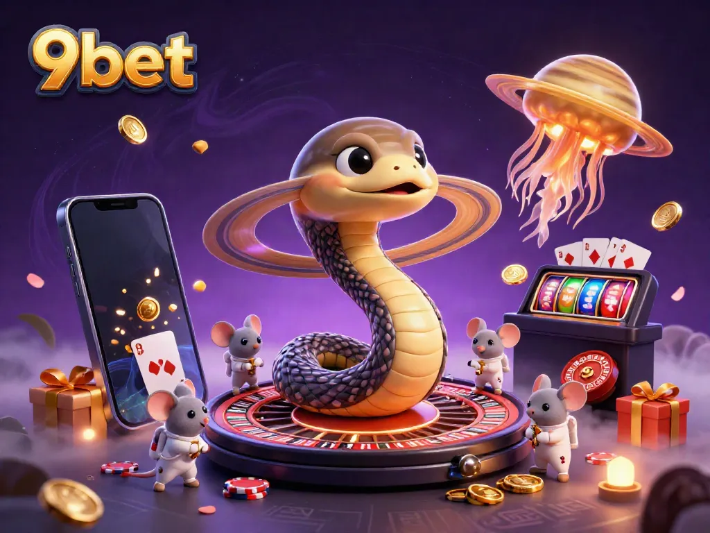 Experience the thrill of 9bet with dynamic casino elements in a whimsical cosmic scene.