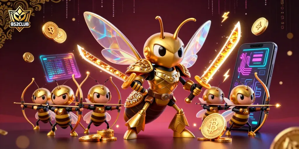 B52CLUB showcases an energetic scene with a golden hornet and bee archers, embodying thrilling casino action.