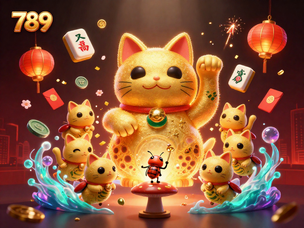 Engage in exciting 789-themed casino adventure with golden lucky cat, vibrant symbols, and festive elements.