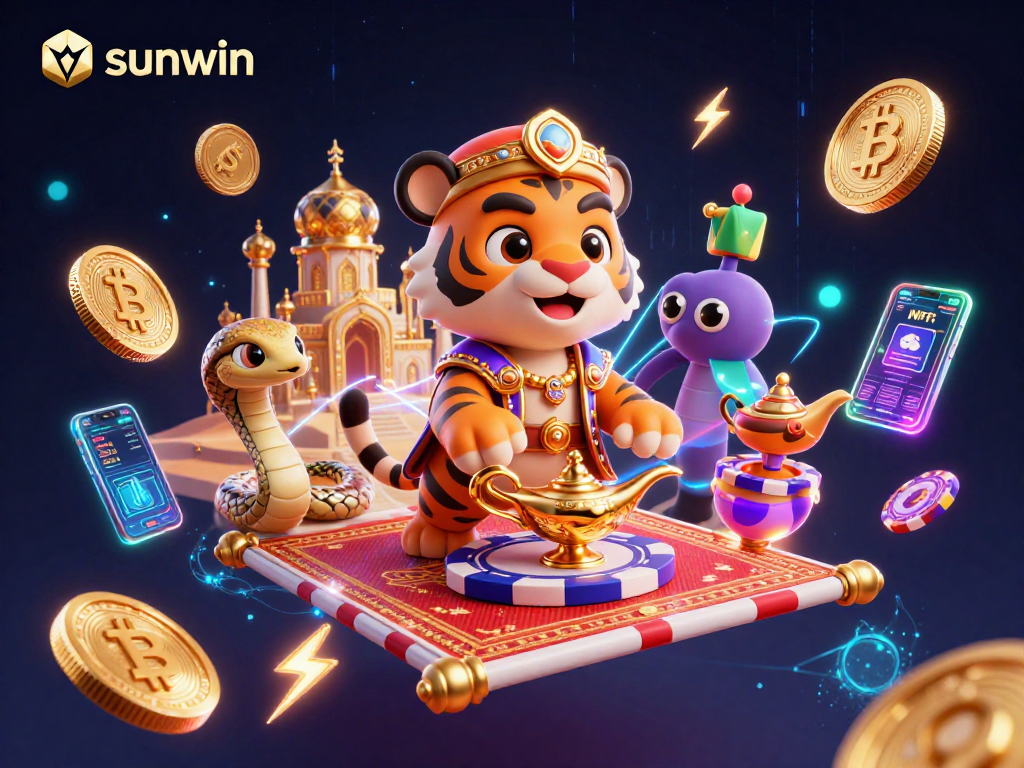 Engage with sunwin's thrilling casino games in a dazzling Arabian Nights-themed illustration.