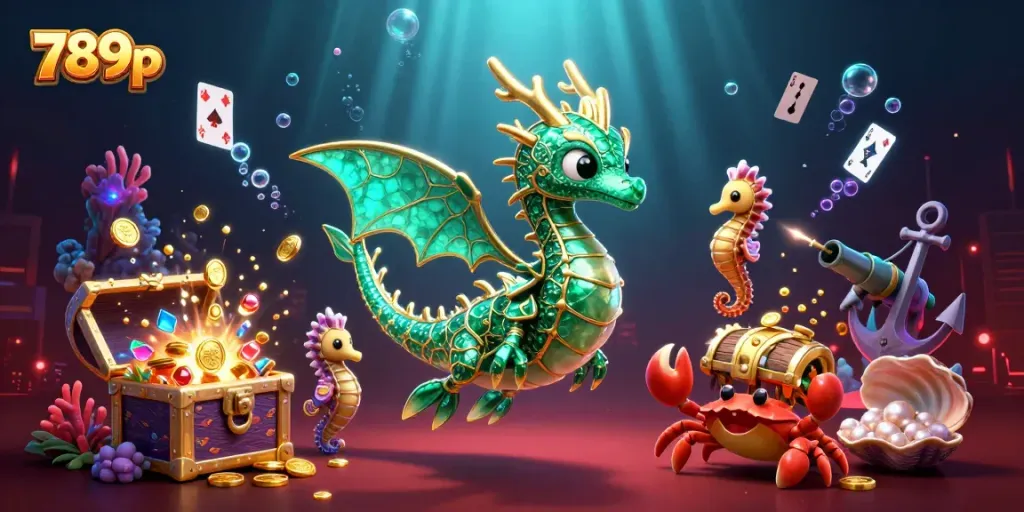 Experience the thrilling underwater adventure at 789p with a colorful sea dragon surrounded by treasures and bubbles.