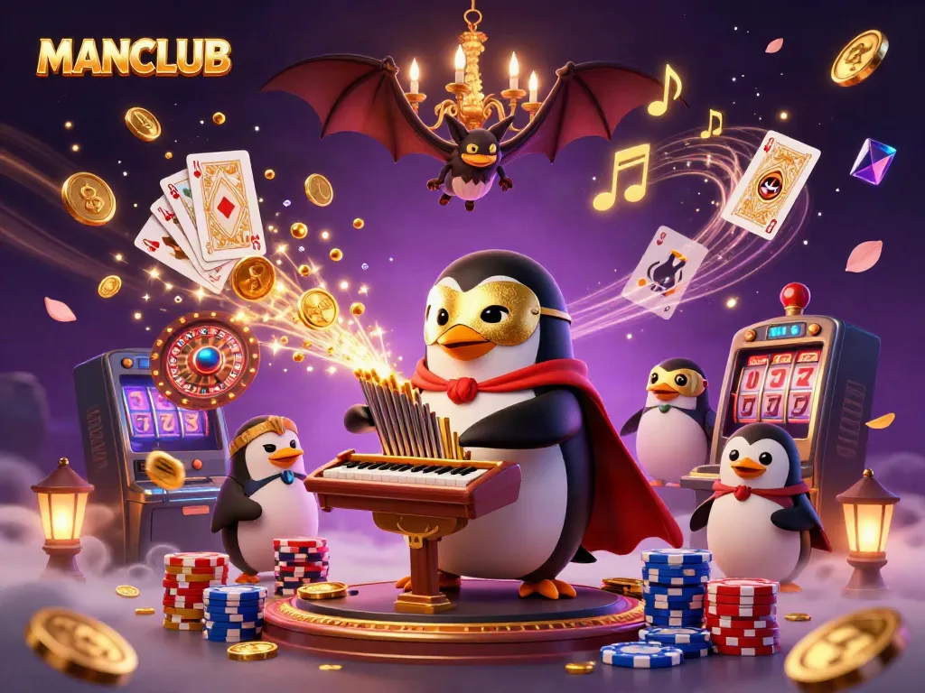 Experience the thrill of MANCLUB with a vibrant casino scene featuring a phantom penguin and dazzling elements.