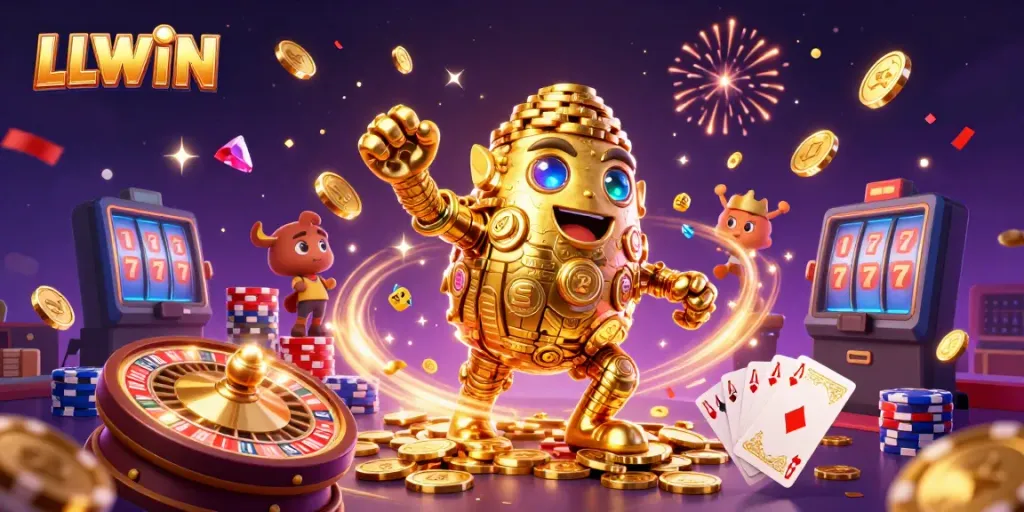 LLWIN showcases a golden golem surrounded by casino elements and festive confetti.