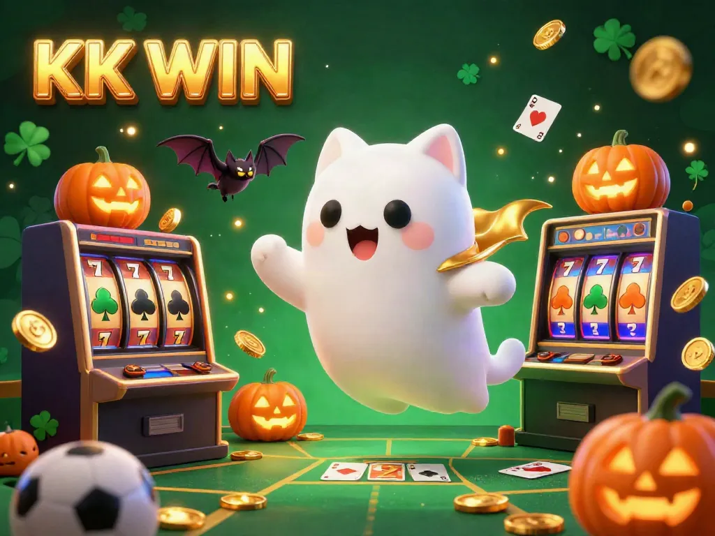 Experience the vibrant gambling world of KK WIN as a friendly ghost cat floats through a lively casino with game elements around.