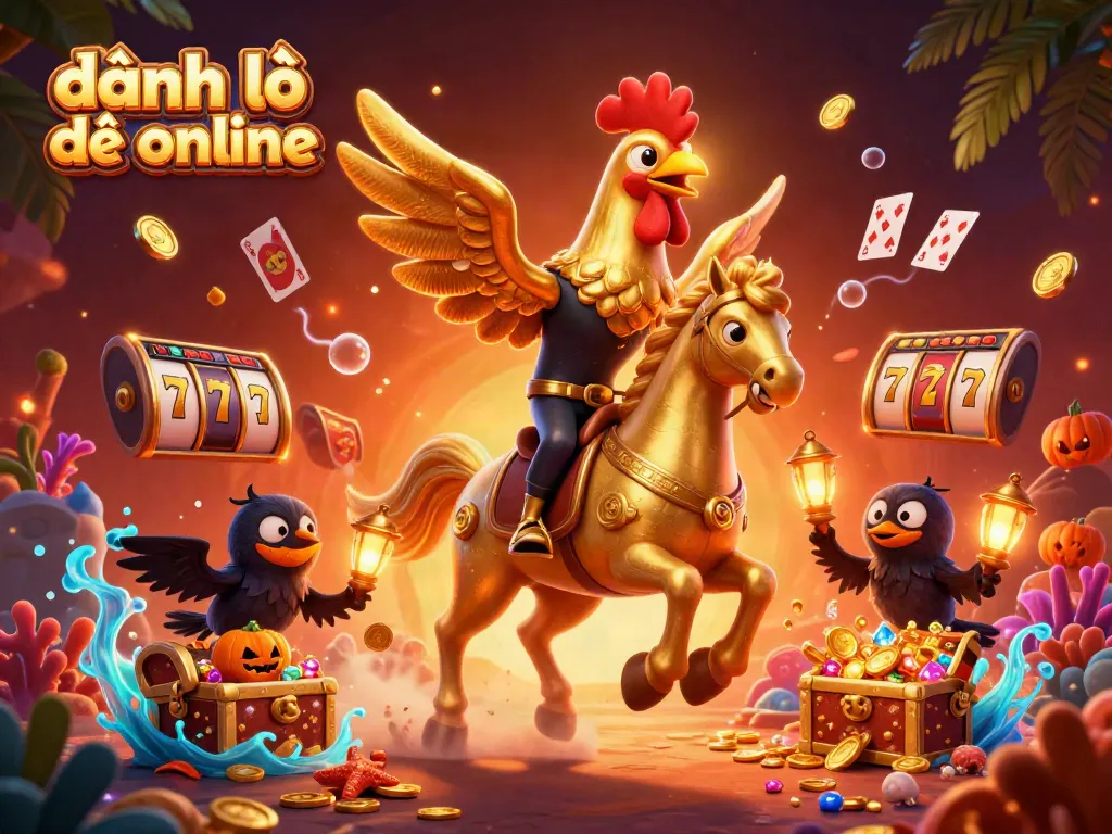 Experience the thrill of đánh lô đề online with a lively 3D casino scene featuring a golden rooster and illuminated elements.