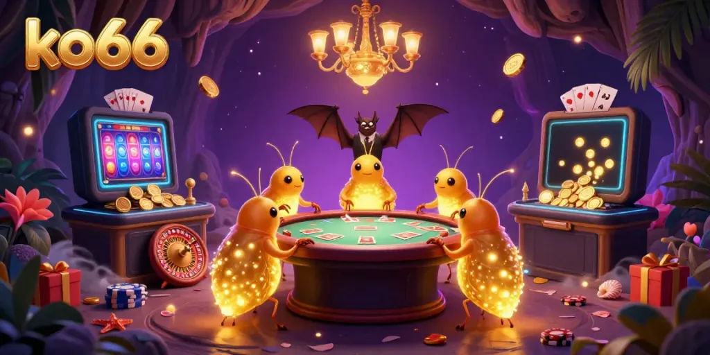 Experience the thrill of winning at ko66 with a vibrant 3D casino scene filled with glowworms and dynamic gaming elements.