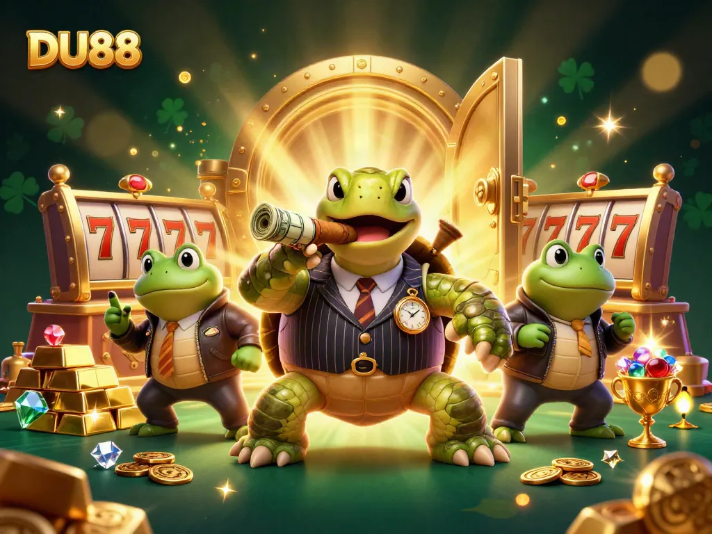 Engage with DU88's vibrant casino world featuring a lively turtle and bullfrog characters amid slot reels and treasure.