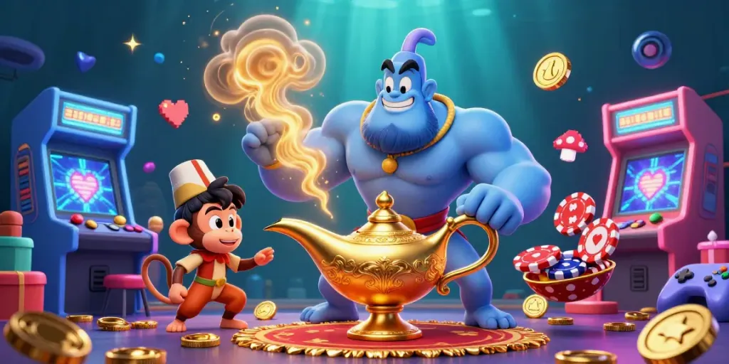 Experience adventure and excitement at five88 com with this vibrant 3D casino illustration featuring a genie and gaming elements.