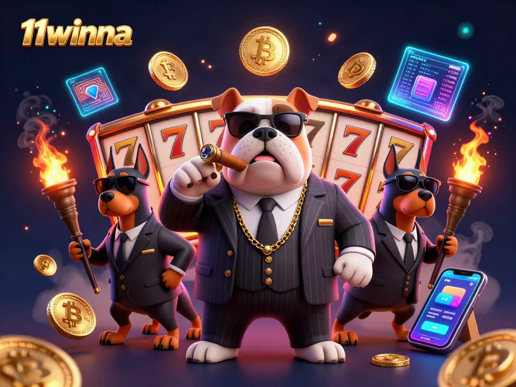 Experience thrilling wins at 11winna with a dynamic casino scene featuring a mafia bulldog and stunning slot elements.