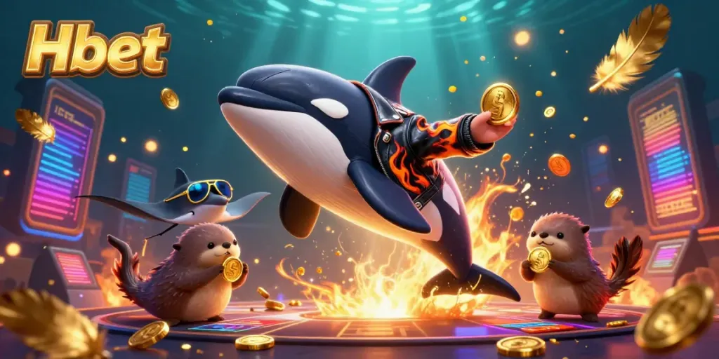 Win big with Hbet in an energetic sports betting scene featuring dynamic characters and festive elements.