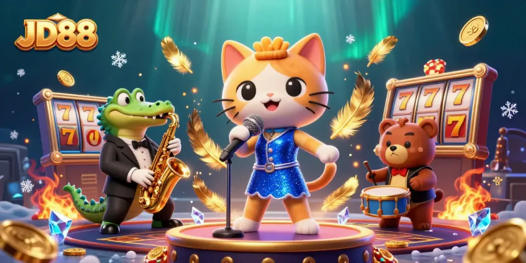 Experience the vibrant JD88 casino scene with a jazzy cat, crocodile, and bear in an animated atmosphere.
