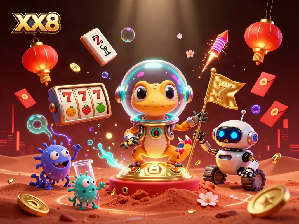 Experience the thrill of XX8 casino games with colorful characters and vibrant slot elements.