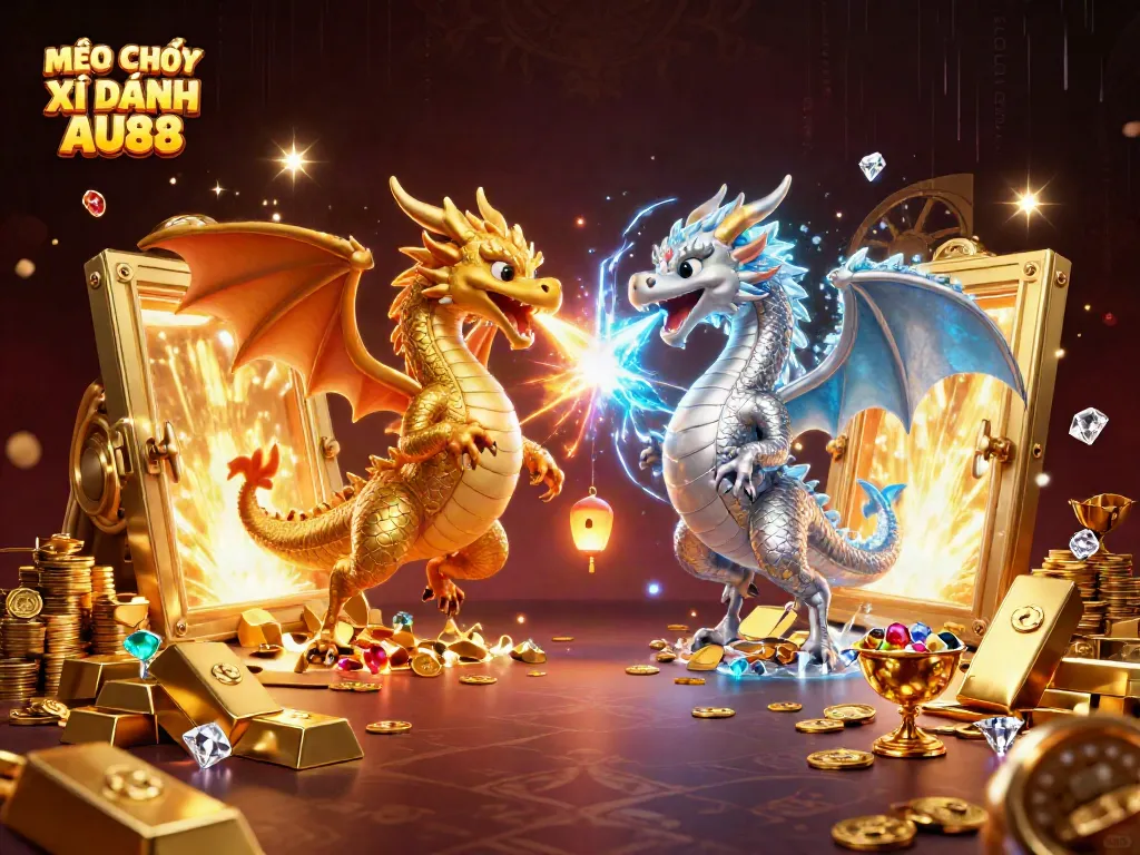 Experience the thrill of MẸO CHƠI XÌ DÁNH AU88 with dynamic dragon action in a rich casino setting.