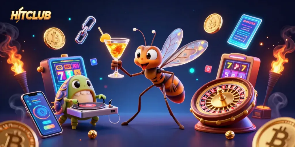 HITCLUB raises the stakes with a lively casino scene highlighting winning symbols and vibrant 3D elements.