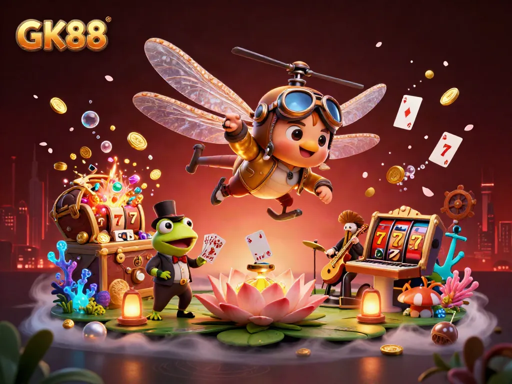 GK88 showcases a vibrant casino scene with a dragonfly pilot and a frog croupier amidst colorful slot reels.
