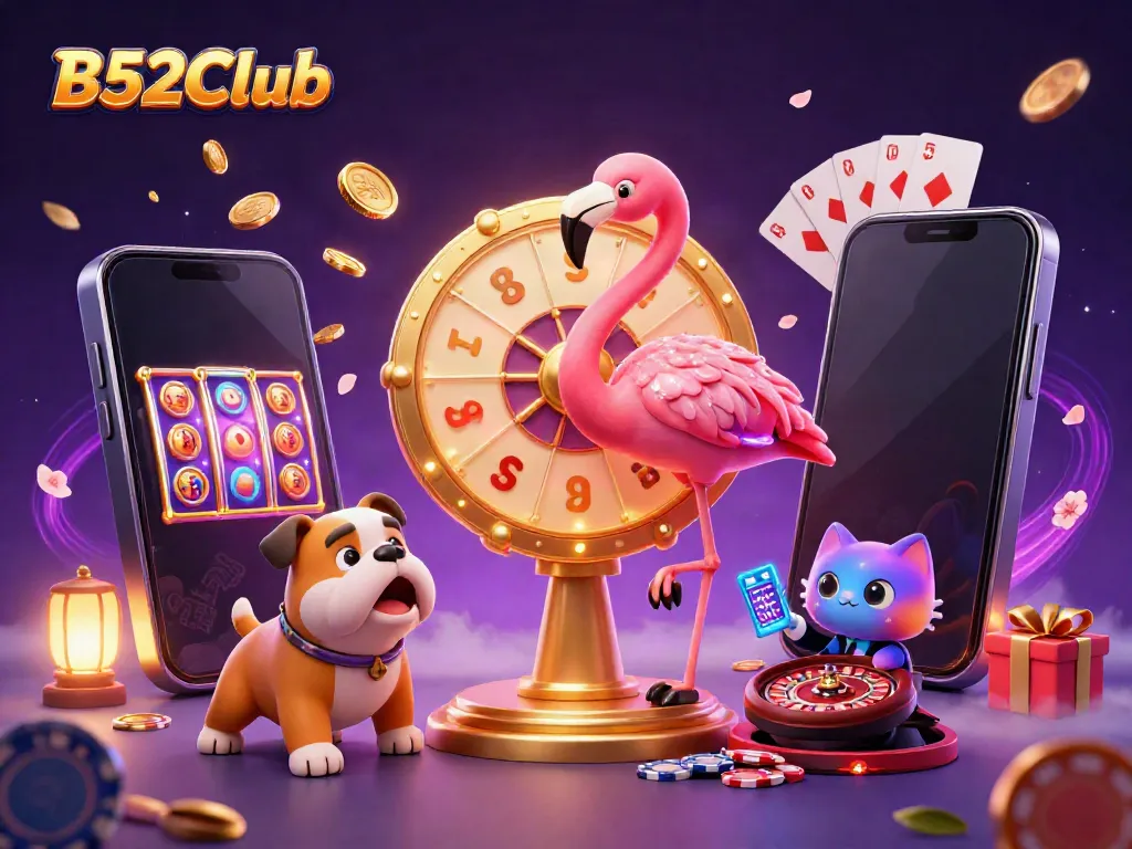 Experience the thrill at B52CLub with an animated scene featuring a game show host, excited contestant, and vibrant casino elements.