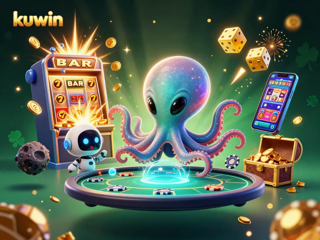 Kuwin's cartoon alien octopus deals poker at a vibrant digital casino with dynamic game elements.