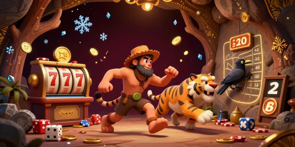 Experience exciting games at Lode88 with an action-packed prehistoric casino scene featuring vibrant characters and dynamic elements.