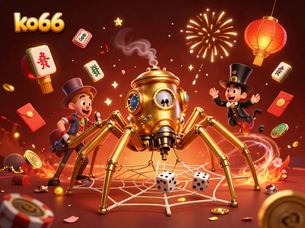 Spin and win at ko66 with a vibrant casino scene featuring charming 3D spider and festive decorations.