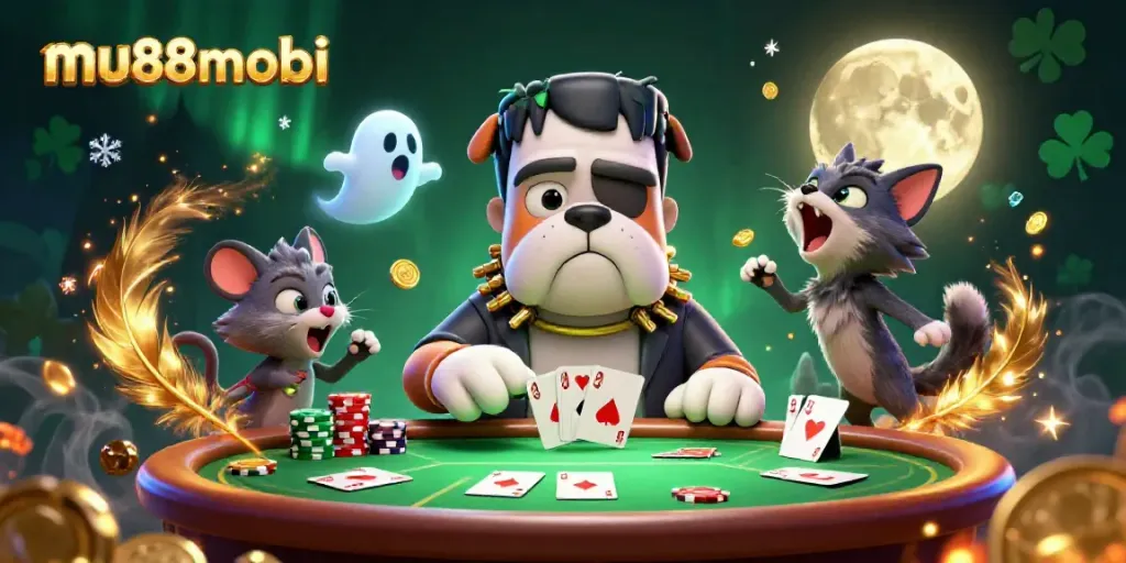 Play poker with mu88mobi amid vibrant casino characters and dynamic gaming elements.