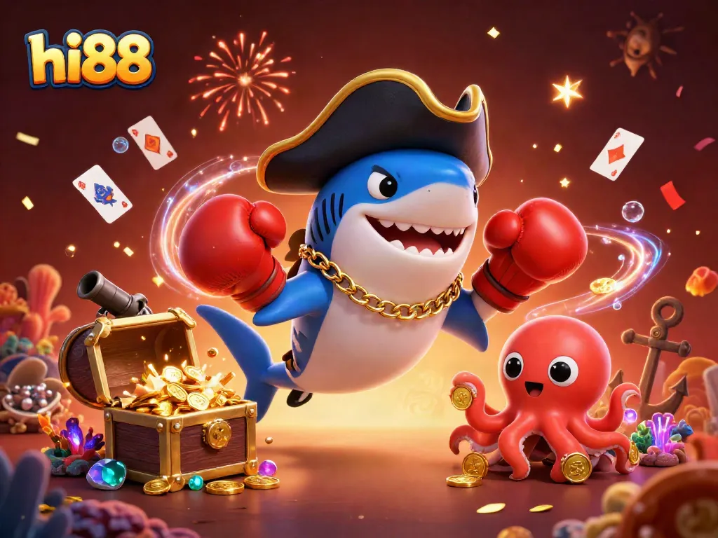 Experience excitement with hi88 as a playful pirate shark, pufferfish, and octopus gather treasure.