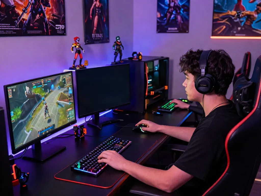 Skilled player engaged in intense gaming with multiple monitors, showcasing 78win gaming setup.