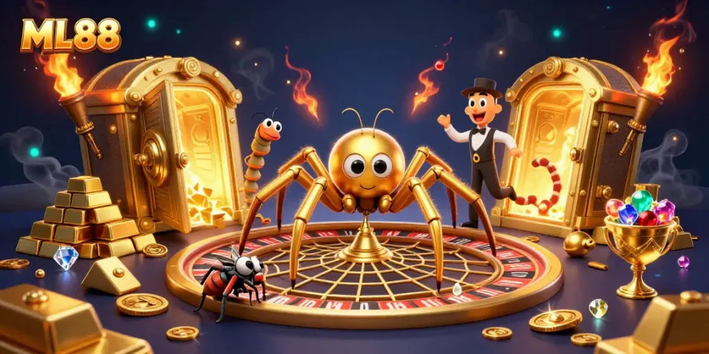 Engaging ML88 scene with a golden spider spinning a roulette wheel web and treasures around.