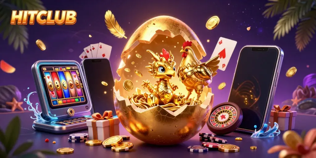 Engage with HITCLUB's exciting golden gaming scene, showcasing dynamic slot game elements and winning potential.