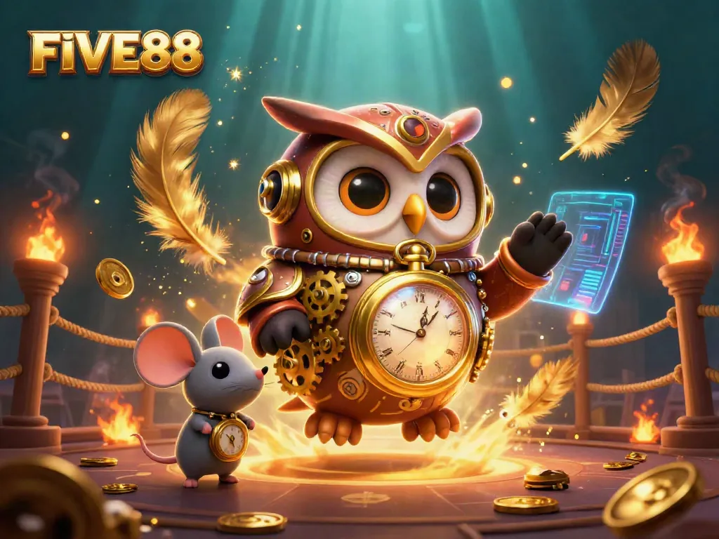 Engage with the dynamic scene of FIVE88 featuring a steampunk owl and casino elements.