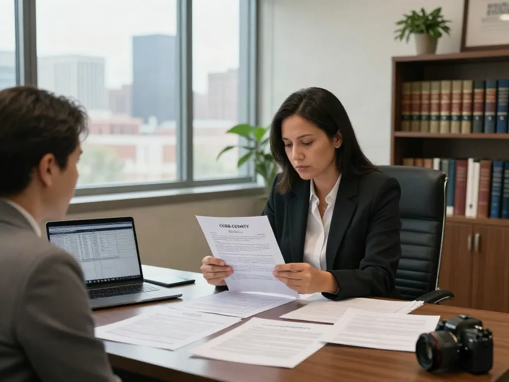 Cobb County DUI lawsuit consultation with a lawyer reviewing case files in a professional office.