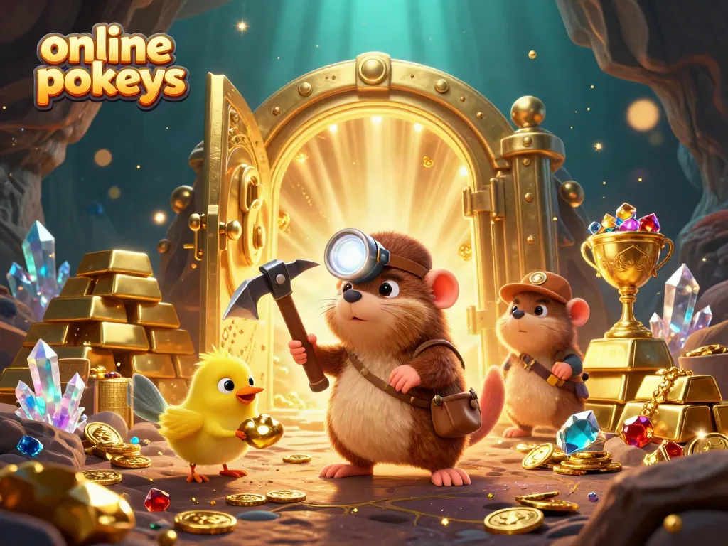Experience thrilling online pokies action with treasure hunter mole in a colorful, animated scene.
