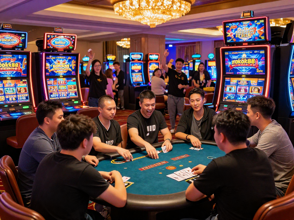 Exciting poker game in a vibrant casino showcasing rokok88 among various popular games with cheering players.