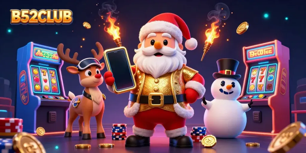 Play B52CLUB with Santa, the reindeer dealer, and a poker chip snowman in this vibrant casino scene.