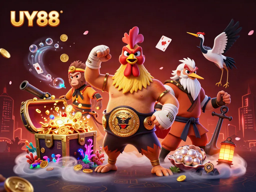Engage with UY88, a vibrant casino scene featuring dynamic characters and colorful game elements