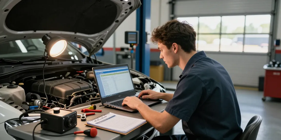 VIN history report analysis in a mechanic's garage, showcasing vehicle inspection and diagnostic tools for accurate results.