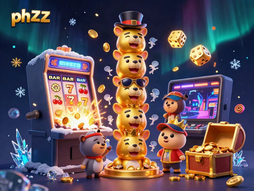 Experience excitement with phzzz casino-themed illustration featuring vibrant characters and dynamic slot machine action.