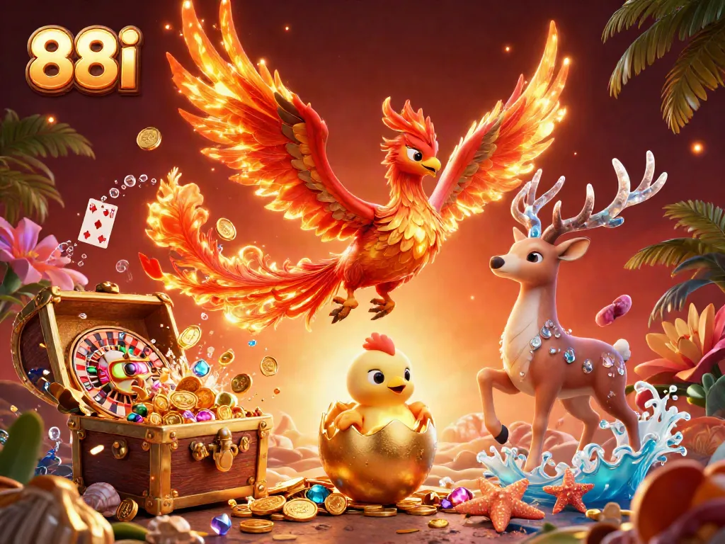 Experience the thrill of 88i with a vibrant phoenix scene filled with casino elements and dynamic treasures.