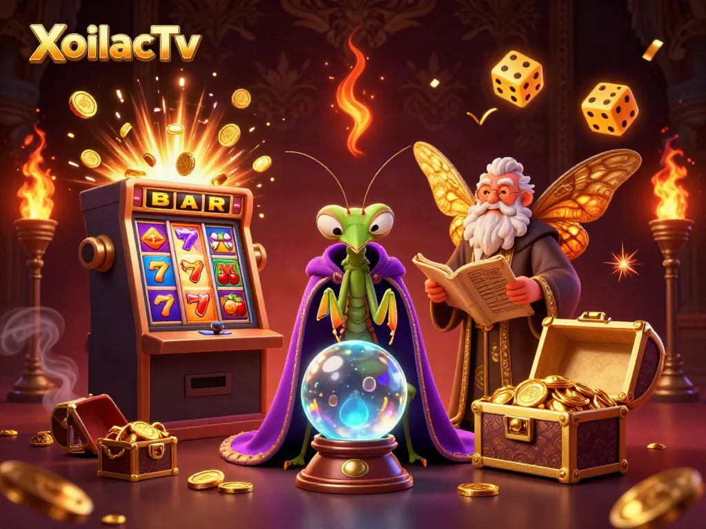 XoilacTv offers a vibrant 3D illustration of a fantasy scene filled with casino elements and mystical characters.