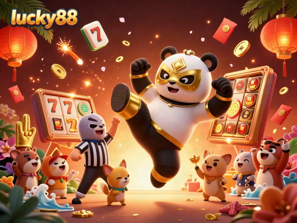 Experience the excitement of lucky88 as a panda wrestler flies into action amidst vibrant casino elements.
