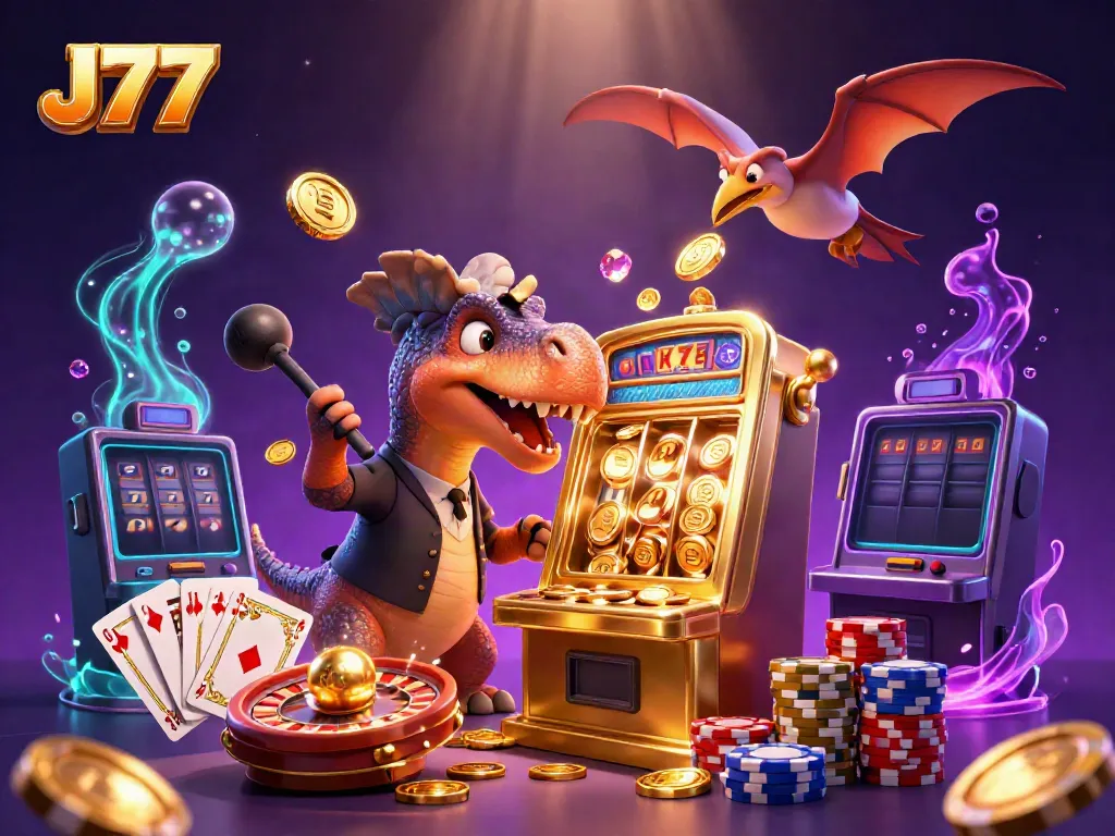 J77 casino scene showcasing a dinosaur headbutting a slot machine amidst cascading coins.