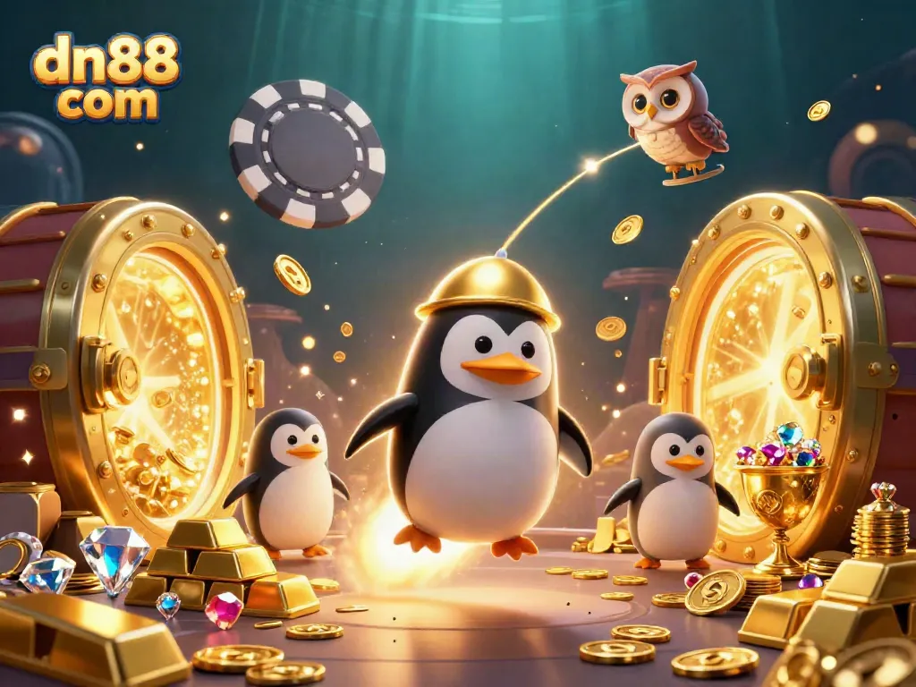Experience the thrill at dn88 com with a dynamic casino illustration featuring a golden penguin space adventure.