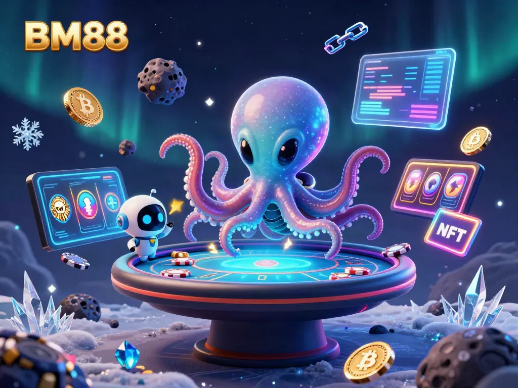 Experience the thrill of BM88 poker with a vibrant 3D alien octopus and futuristic casino elements.