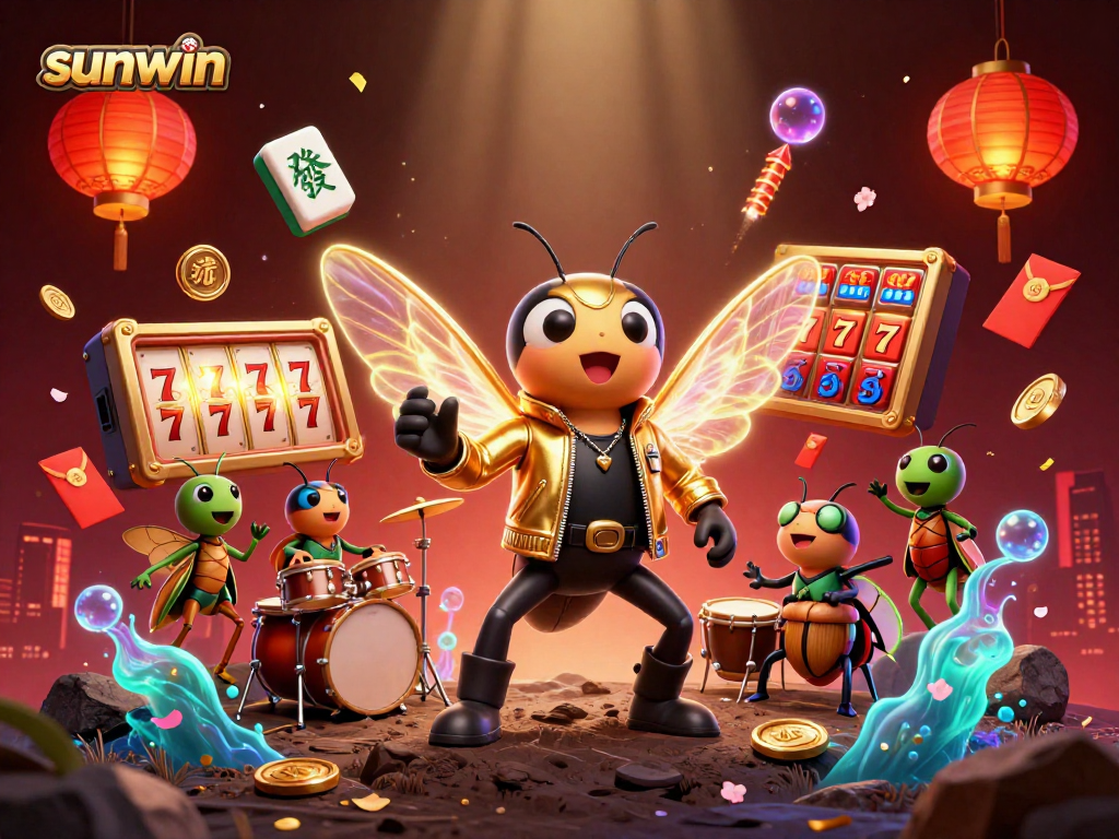 Experience the excitement of sunwin with a vibrant casino-themed 3D illustration of a cicada rock star and gaming elements.